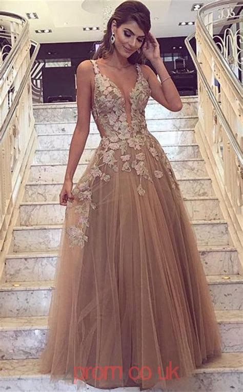 Light Brown Tulle Lace V Neck A Line Floor Length Sex Prom Dress Jt3719