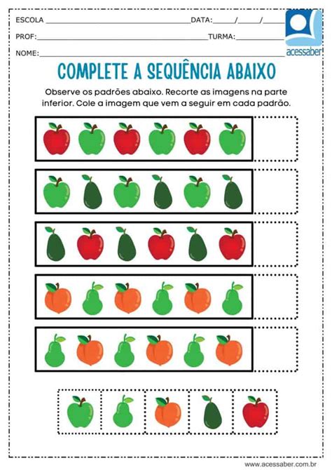 Atividade de matemática Sequência lógica Alimentos Ed Infantil e