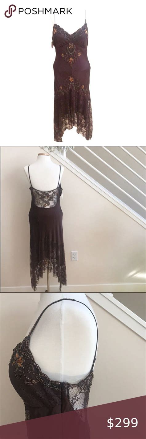 Sue Wong Nocturne Midi Dress Silk Lace Sequin Beaded Strappy Brown Nwt