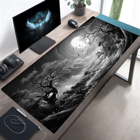 Black And White Desk Mat Japan Mousepad Oceanic Passage Gaming