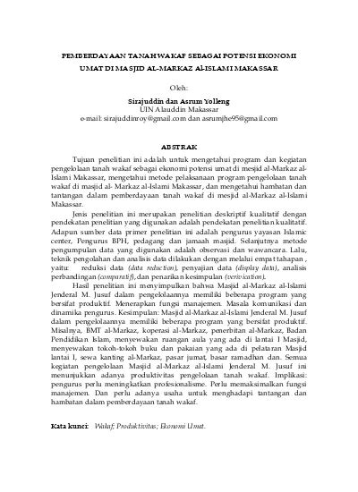 Pemberdayaan Tanah Wakaf Sebagai Potensi Ekonomi Umat Di Masjid Al