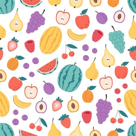 Premium Vector Fruits And Berries Seamless Pattern Flat Hand Drawn