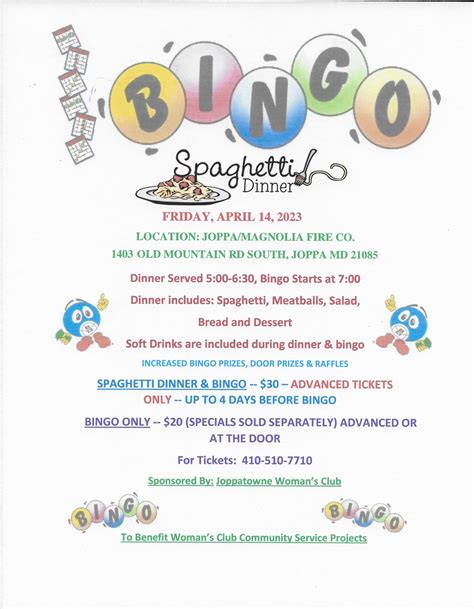 Apr 14 Joppatowne Womans Club Spaghetti Dinnerbingo Fundraiser