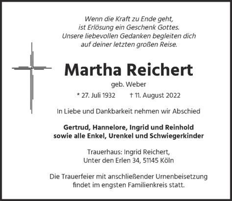 Traueranzeigen Von Martha Reichert WirTrauern