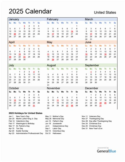 2025 United States Calendar With Sunday Start