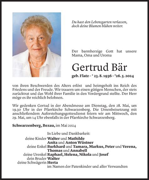 Todesanzeigen Von Gertrud B R Todesanzeigen Vorarlberger Nachrichten