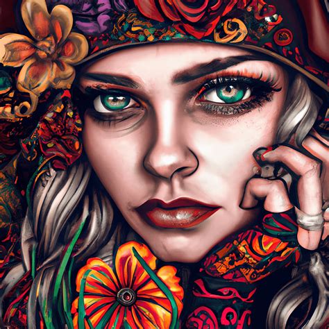 Vibrant Bohemian Flowers Witchy Woman Hyper Realistic Illustration