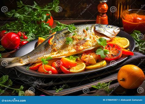 Grilled Fish With Vegetables Served On Plate Restaurant Food