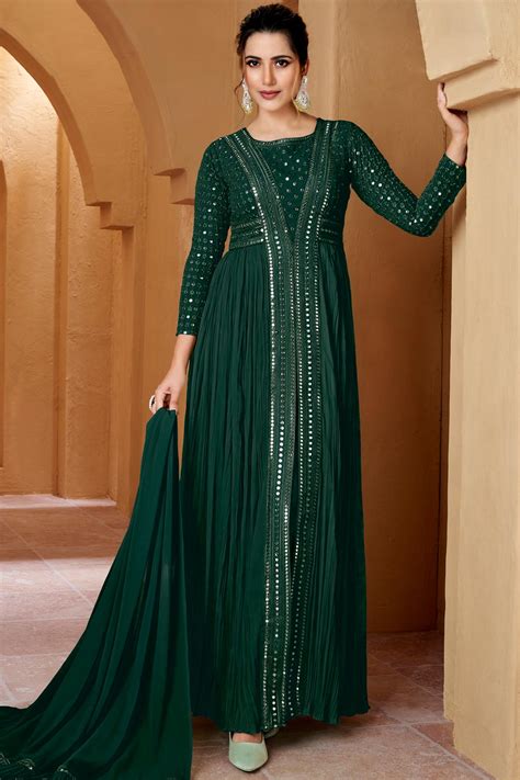 Buy Bottle Green Front Slit Georgette Embroidered Anarkali Dress Online