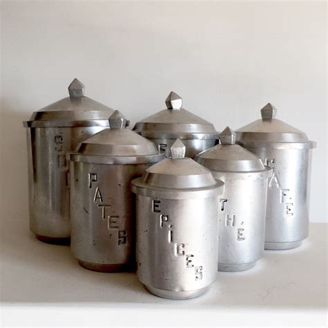 Unique French Vintage Aluminum Kitchen Canisters Set Sunflowers