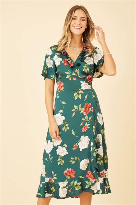 Yumi Green Satin Rose Print Wrap Dress Yumi