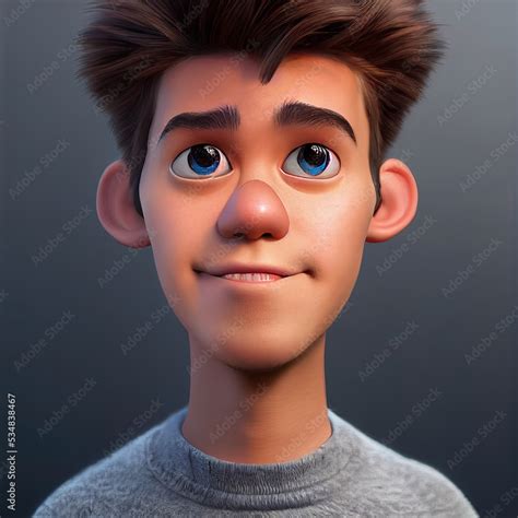 Grownup young teenager man with frendy face. Cartoon big eyed close up portrait. Animated movie ...