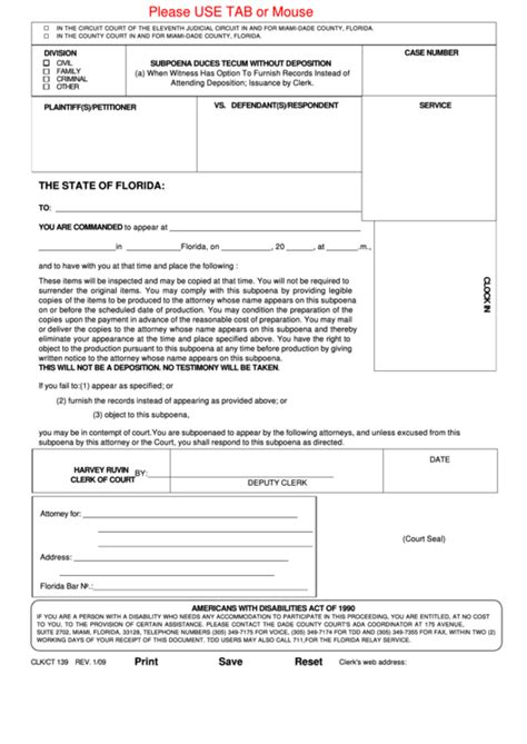 Printable Subpoena Duces Tecum Form