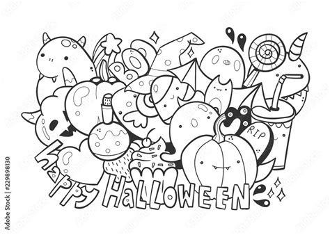 Happy Halloween Cute Monsters Doodle Coloring Page Hand Drawn Vector