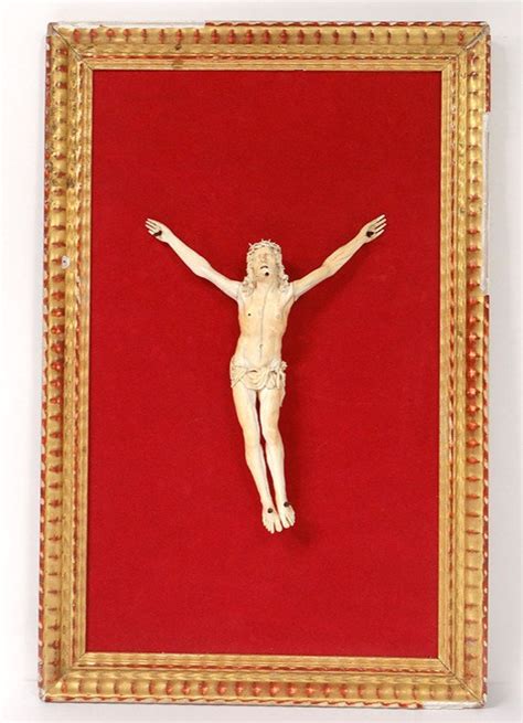 Proantic Christ Crucifix Ivoire Sculpté Travail Allemand Cadre Doré