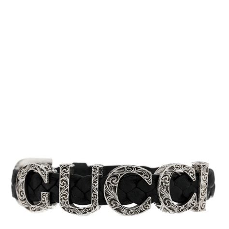 Gucci Sterling Silver Calfskin Logo Bracelet Black 1448668 Fashionphile