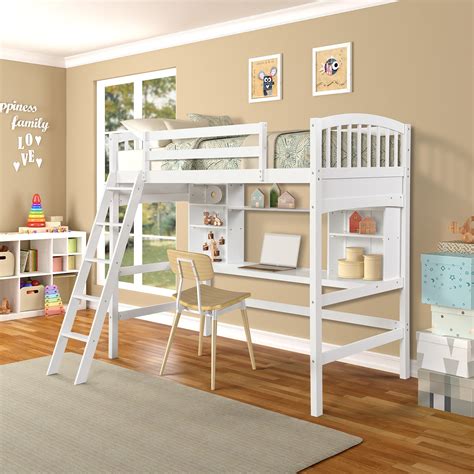 Tkoofn Collection Twin Wood Loft Bed With Desk White