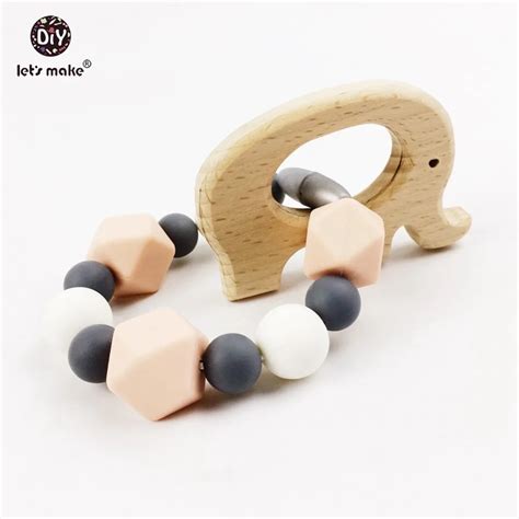 Lets Make Wooden Teether Elephant Pink Silicone Beads Baby Toy