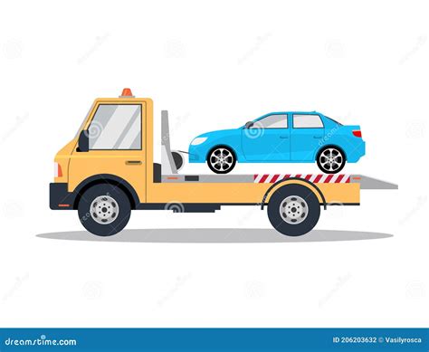 Car Tow Truck Accident Roadside Assistance. Crash Breakdown Flatbed Blue Car Recovery Tow Truck ...