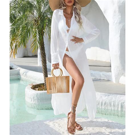 Beach Cover Ups Long Sleeve White Beach Shirt Dress Long Kimono Women