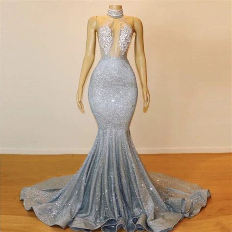 Sparkly Mermaid Silver Prom Dresses Long 2019 Sheer High Neck Sequins