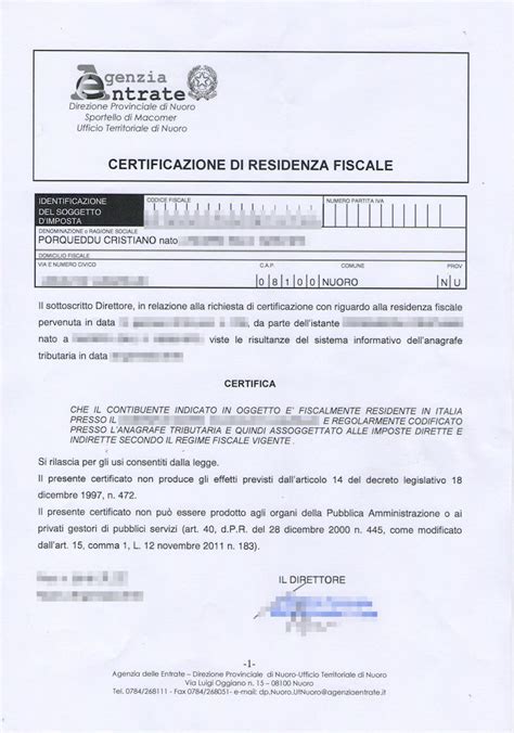 Certificazione Di Residenza Fiscale Cristiano Porqueddu