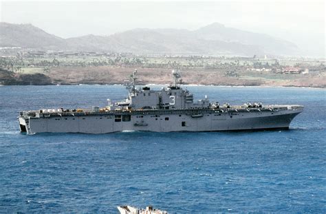 A Starboard Beam View Of The Amphibious Assault Ship Uss Belleau Wood Lha 3 Off The Coast Of