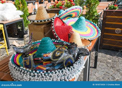 Stack Of Traditional Mexican Hats Sombreros And Accessories For