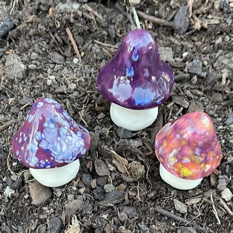 Fairy Mushrooms Fabulous Purple Fungi Three Hand Crafted Ceramic