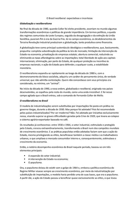 O Brasil Neoliberal Expectativas E Incertezas O Brasil Neoliberal