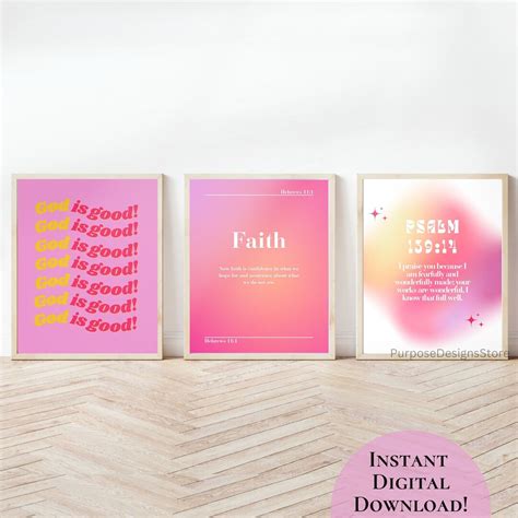 Colorful Christian Wall Art Prints Set Of 3 Trendy Pink Gradient