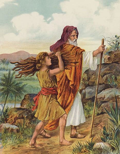 Abraham and Isaac going up Mount Moriah (colour litho)