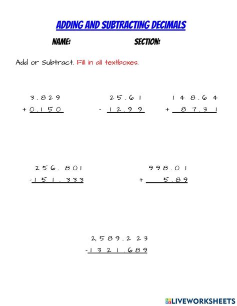 Subtracting Decimals Worksheet Worksheets Library