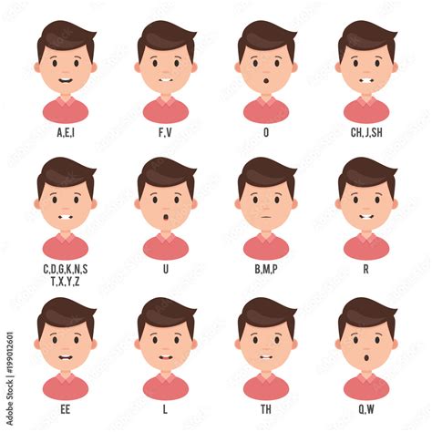 Character animation talk mouth. Male face set mouth sync for sound pronunciation. Vector ...