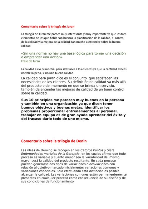 Comentario Trilogia Apuntes Comentario Sobre La Trilog A De Juran