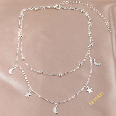 Moon And Star Layered Necklace Celestial Choker Necklace Etsy Uk