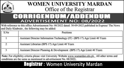 Women University Mardan Wum Jobs For Assistant Director Job