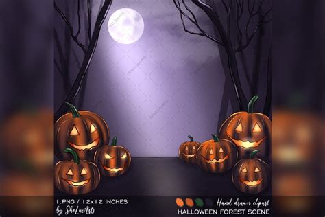 Hand drawn Halloween pumpkin scene clipart - 1 PNG file