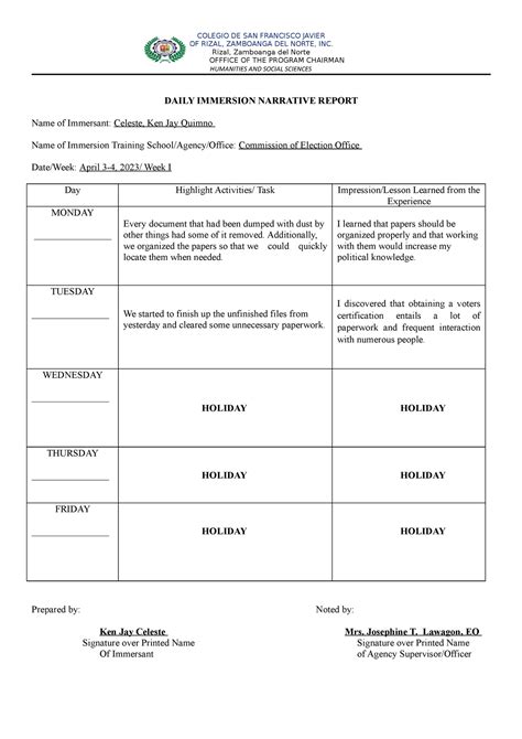 Daily Narrative Report Of Rizal Zamboanga Del Norte Inc Rizal