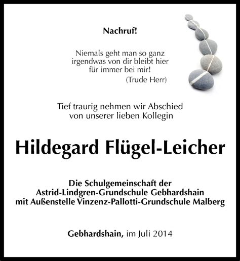 Traueranzeigen von Hildegard Flügel Leicher rz trauer de