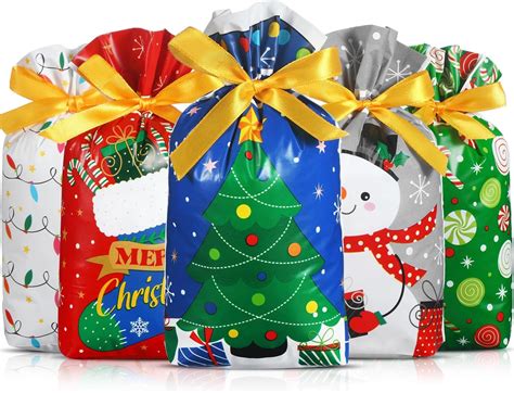 Funrous 50 Pcs Christmas Drawstring Bags Xmas Plastic