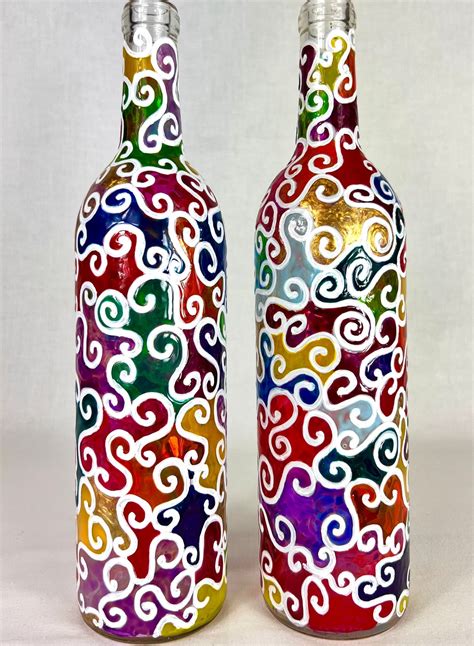 2 Handpainted Multicolor Stained Glass Effect Colorful Wine Etsy