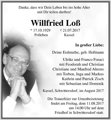 Traueranzeigen von Willfried Loß abschied nehmen de