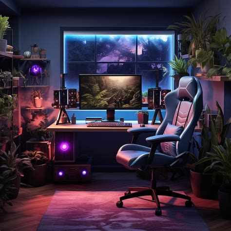 Premium AI Image | gaming computer setup rgb lighting and curved monitor with gaming chair rgb room