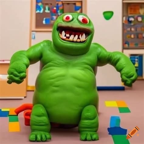 Big Tall Green Monster With A Big Round Head And Bulgy Black Eyes With An Open Mouth Smile With