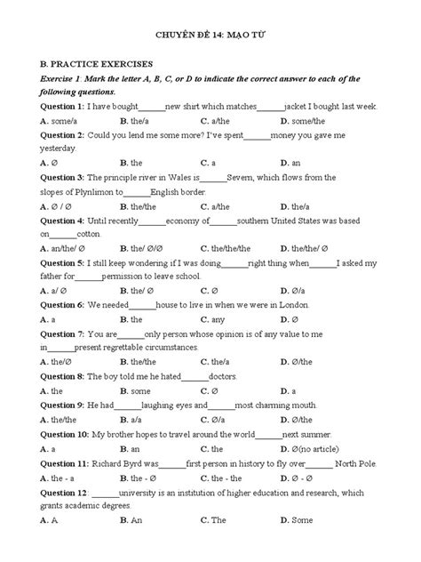 Exercise 1 Mark The Letter A B C Or D To Indicate The Correct