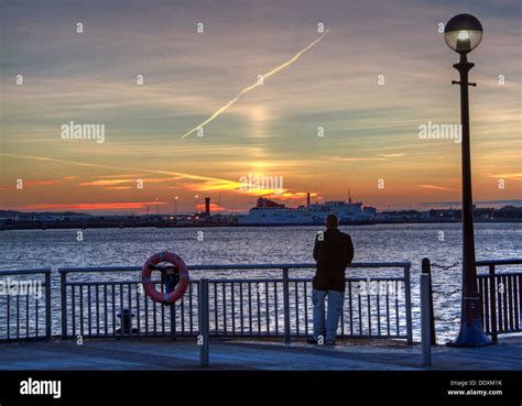 Man Looking Over To Birkenhead Belfast Stena Line Ferry From Albert