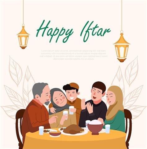 Feliz iftar de ilustração vetorial de família muçulmana Vetor Premium