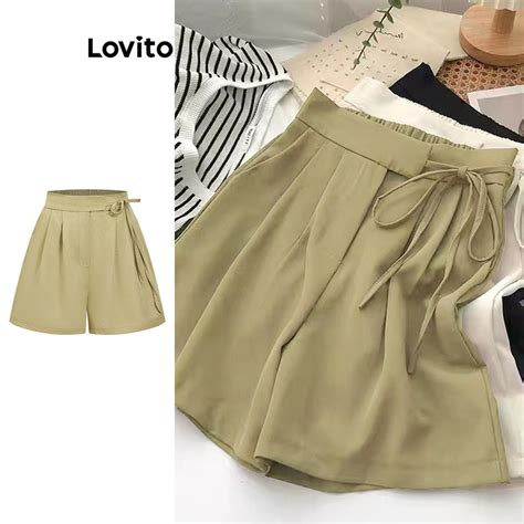 Lovito Shorts casuais de bolso botão liso para mulheres L85AD242