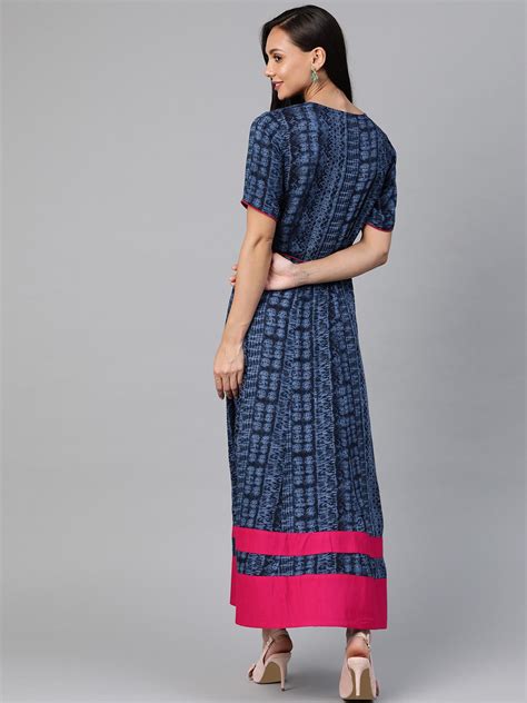 Navy Blue And Pink Ethnic Motifs Maxi Dress Dss Cottinfab Ltd